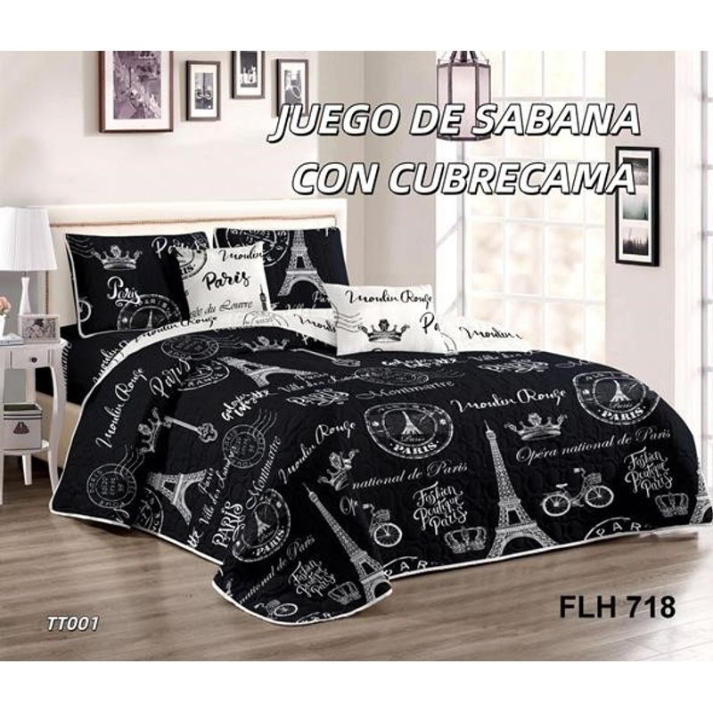 ANGELES DEL HOGAR - Set  Sabana Plaza Y Media Estampado + Cubrecama Quilt   15p