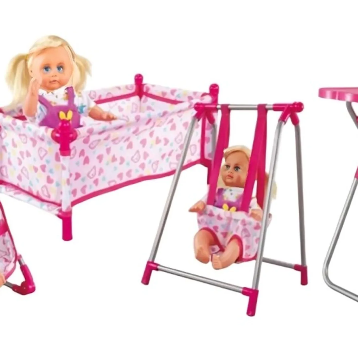 OEM - Set Juego 4 En 1 Con Muñeca Silla Comedor Columpio Y Cuna