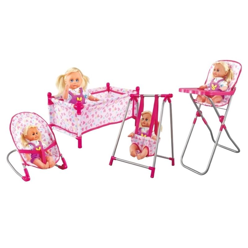 OEM - Set Juego 4 En 1 Con Muñeca Silla Comedor Columpio Y Cuna