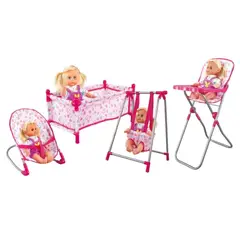 OEM - Set Juego 4 En 1 Con Muñeca Silla Comedor Columpio Y Cuna