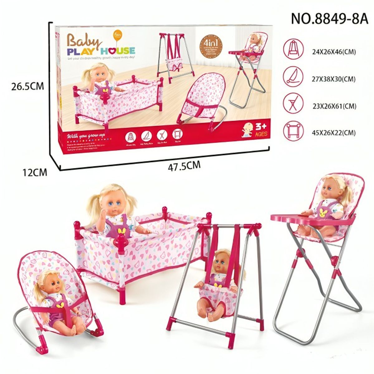 OEM - Set Juego 4 En 1 Con Muñeca Silla Comedor Columpio Y Cuna