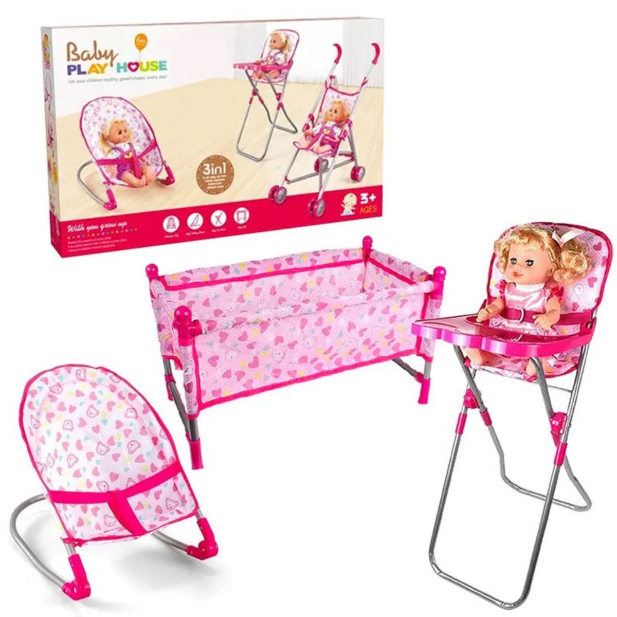 GENERICO - Set Juego Para Muñecas 3 En 1 Silla Cuna Y Mesedora Niñas