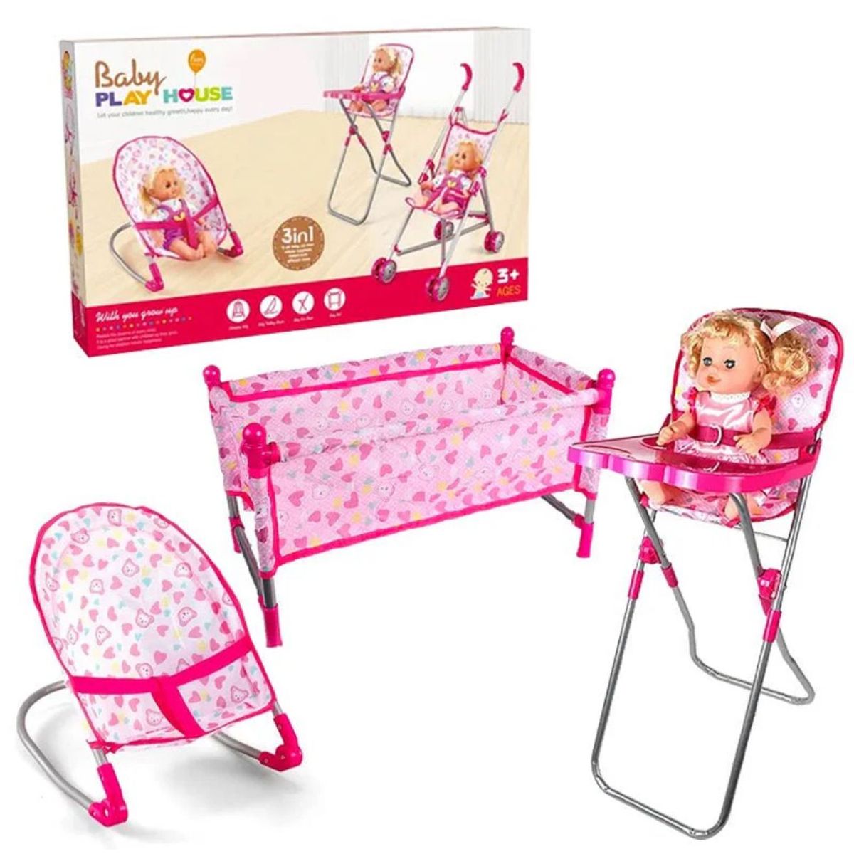 GENERICO - Set Juego Para Muñecas 3 En 1 Silla Cuna Y Mesedora Niñas