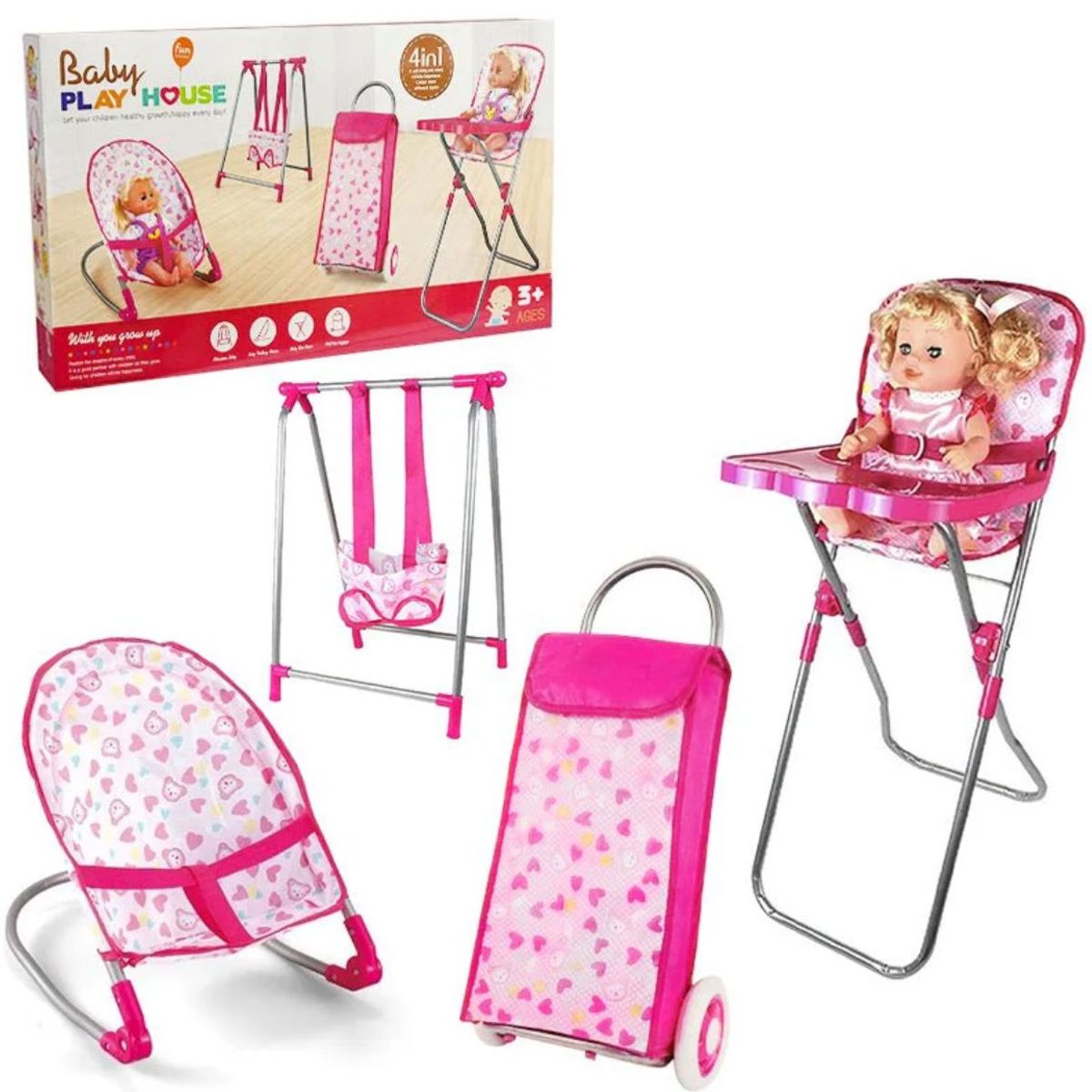 GENERICO - Set Juego Para Muñecas 4 En 1 Silla Cuna Mesedora Carrito