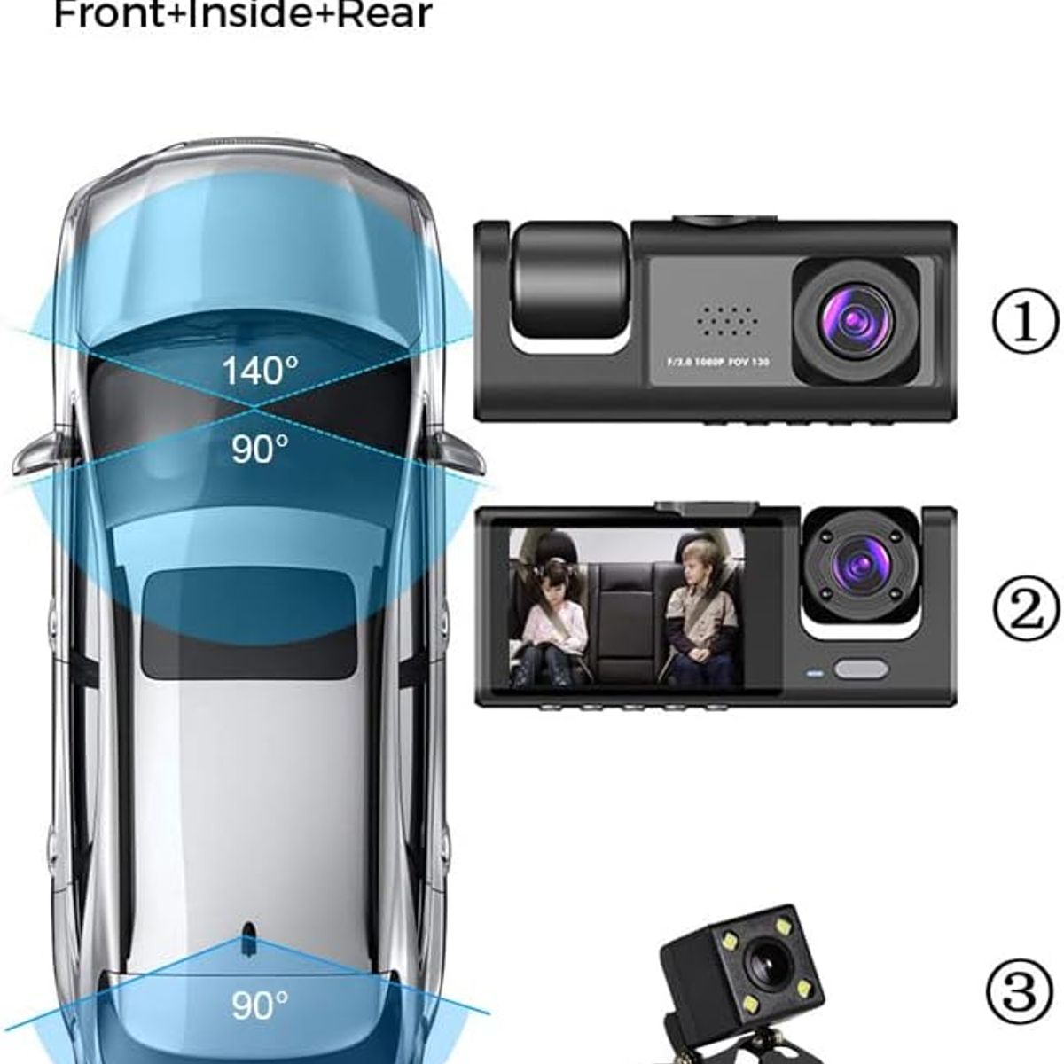 KUANGYE - Cámara De Auto 3 En 1 Frontal Trasera Y Interior 1080p Hd DVR