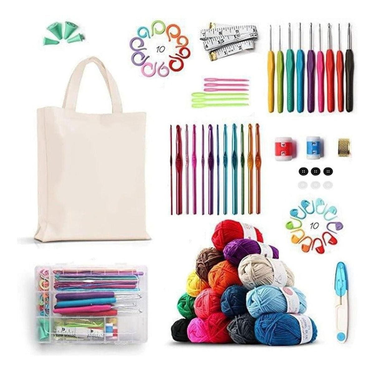 GENERICO - Set Completo De Crochet Accesorios Y Lanas + Tote Bag 79 Pcs