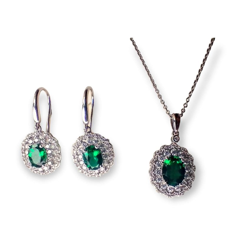 ELBAULDEJUMA - Set collar con dije y aros de Gema Esmeralda en Plata fina ley S925
