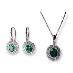 ELBAULDEJUMA - Set collar con dije y aros de Gema Esmeralda en Plata fina ley S925