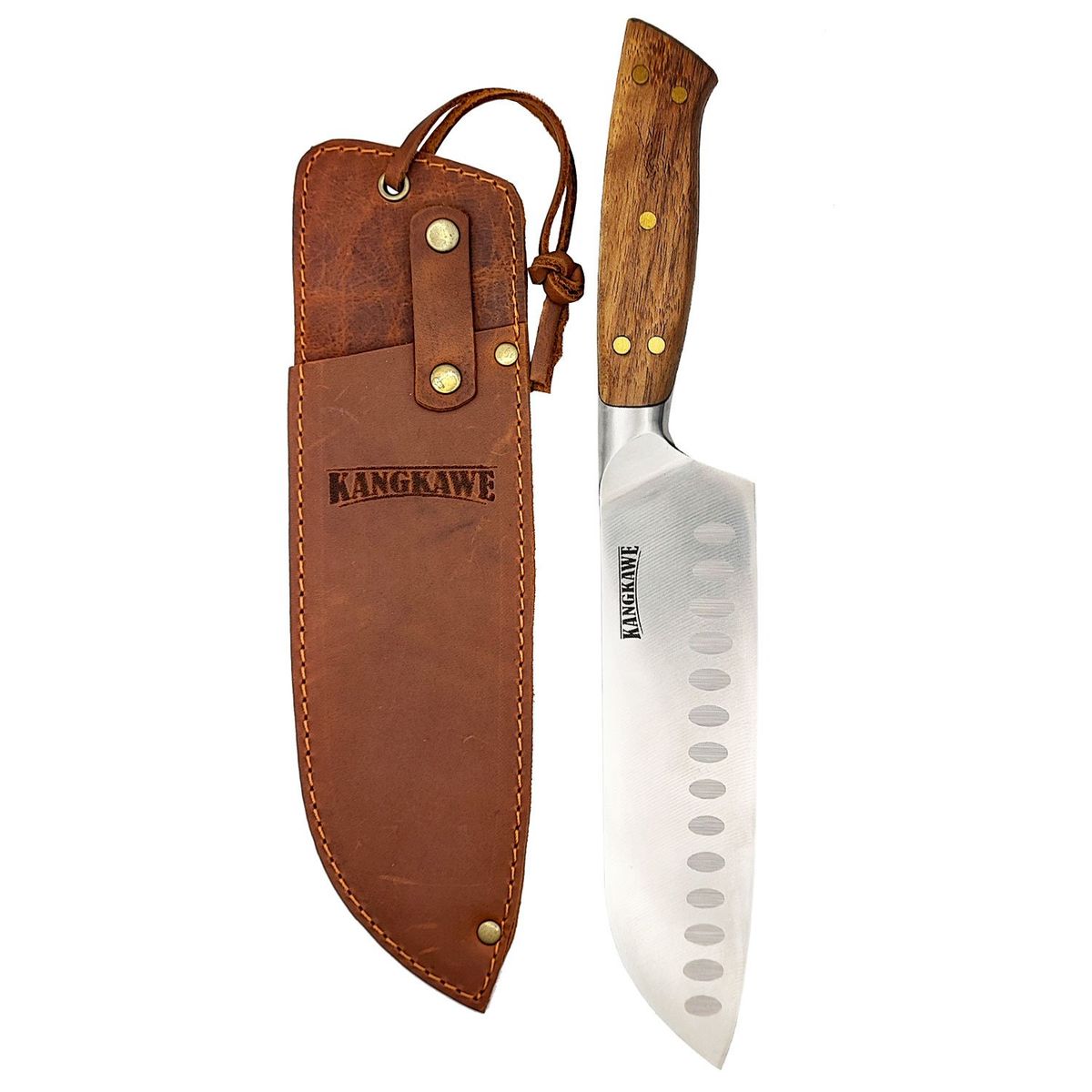 KANGKAWE - Cuchillo 7 Santoku Pirihueico Con Funda De Cuero Café