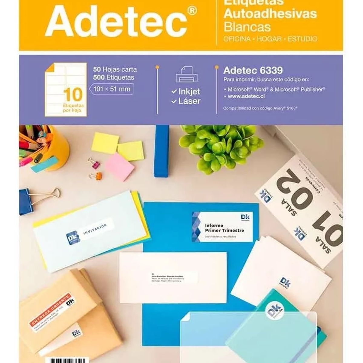 ADETEC - 500 Etiquetas Adhesivas Blancas 101 x 51 mm X 50 Hojas