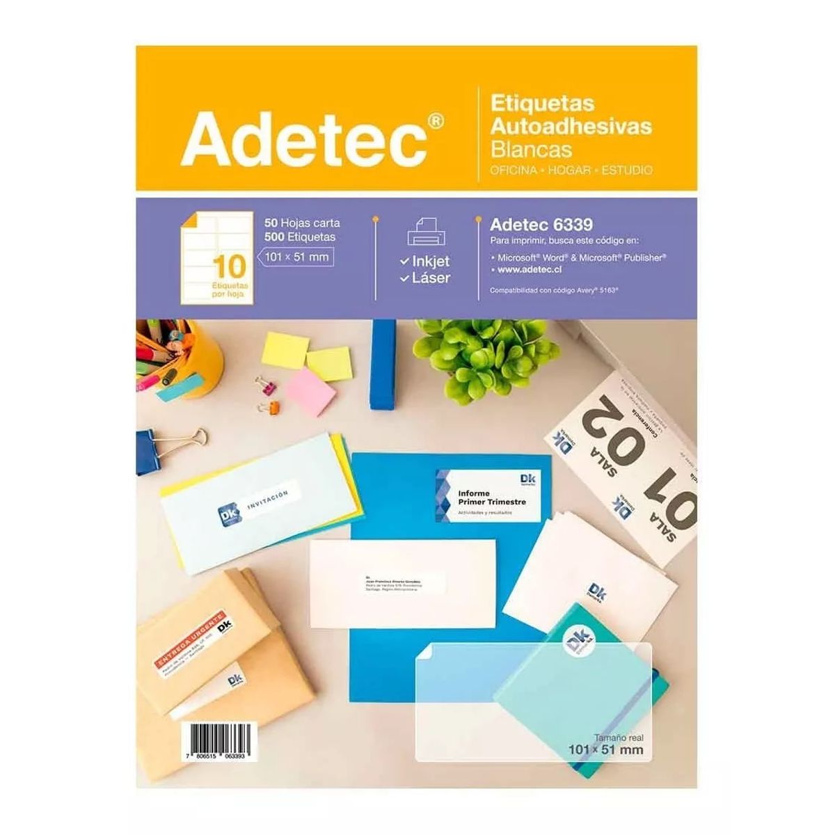 ADETEC - 500 Etiquetas Adhesivas Blancas 101 x 51 mm X 50 Hojas