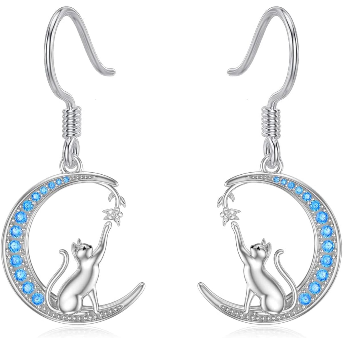 GENERICO - Aros pendiente gato luna azul plata 925 joya juvenil mujer