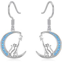 Aros pendiente gato luna azul plata 925 joya juvenil mujer