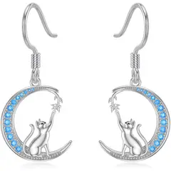 GENERICO - Aros pendiente gato luna azul plata 925 joya juvenil mujer