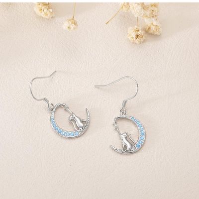 Imagen 2 del producto Aros pendiente gato luna azul plata 925 joya juvenil mujer