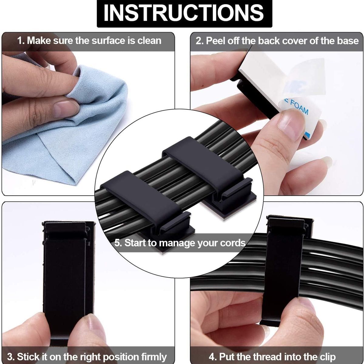 GENERICO - Organizador Cables Canal Ancho Adhesivo 4pcs Pared Escritorio Auto