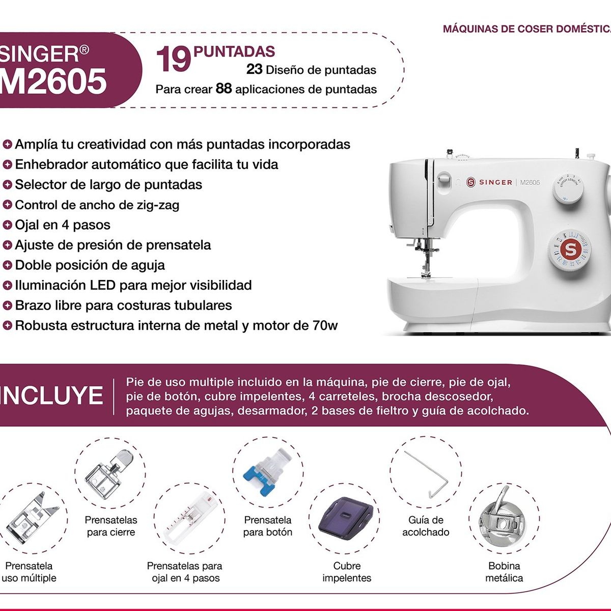 SINGER - Máquina de coser Recta Zig Zag Singer M2605 70W