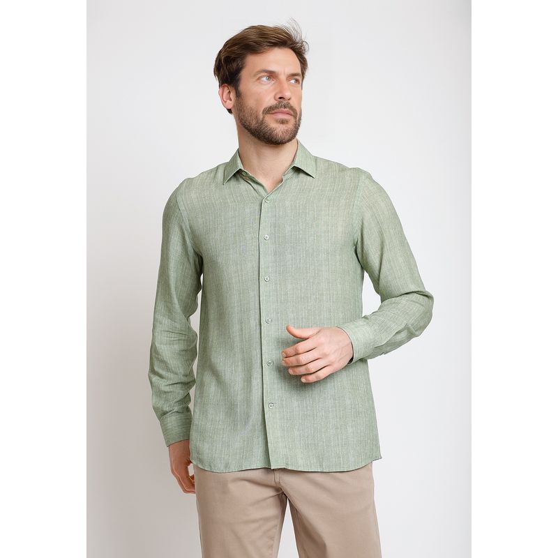 TRIAL - Camisa Hombre Casual Mezcla Viscosa Lino Liso Slim Europe Verde