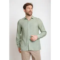 TRIAL - Camisa Hombre Casual Mezcla Viscosa Lino Liso Slim Europe Verde