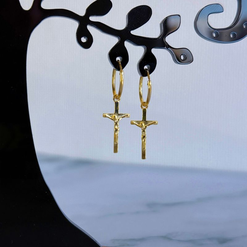 GENERICO - Aros Cruz 14mm Plata Fina 925 - Baño De Oro 18k - Argollas