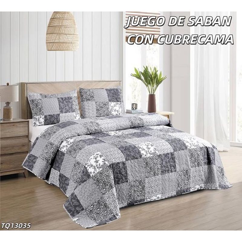 ANGELES DEL HOGAR - Set  Sabanas  Estampadas + Cubrecama Quilt Tamaño  2 Plazas