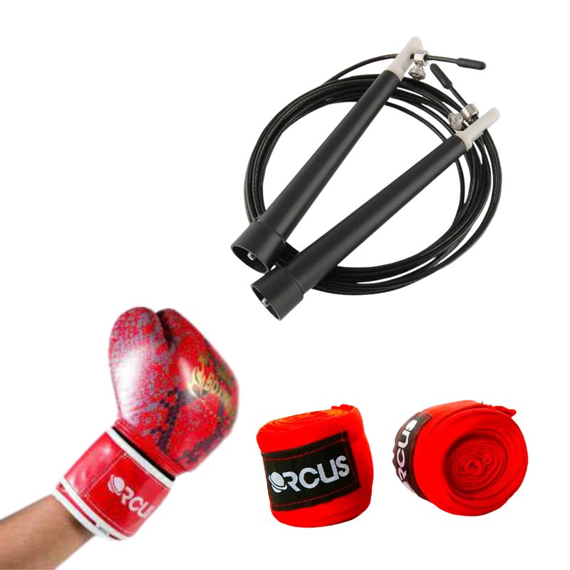 GENERICO - Pack Guantes De Boxeo + Cuerda + Vendas - Rojo 10oz