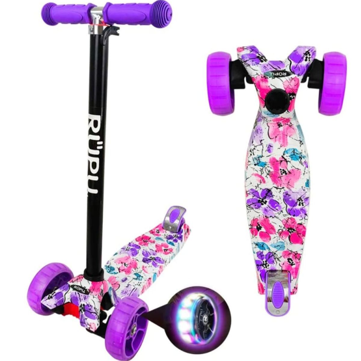 GENERICO - Scooter Monopatín Infantil Lila con Flores D12