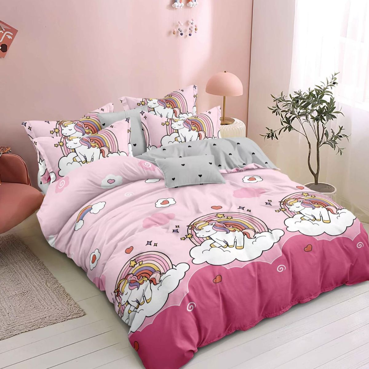 GENERICO - JUEGO DE SABANA DE GENERO 1.5 PLAZAS CON DISEÑO ROSA UNICORNIO TF