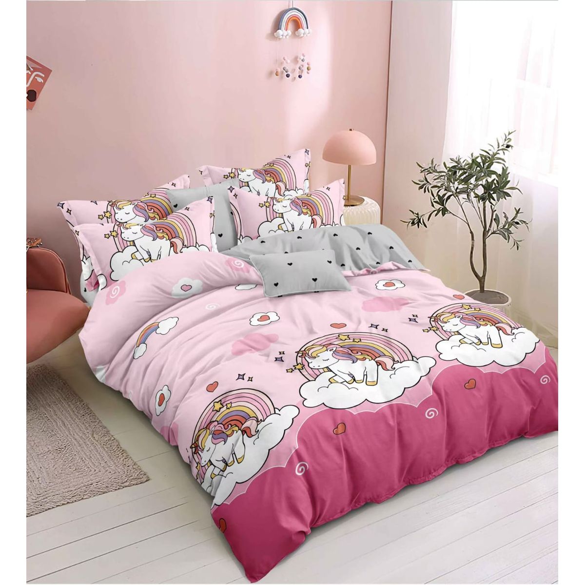 GENERICO - JUEGO DE SABANA DE GENERO 1.5 PLAZAS CON DISEÑO ROSA UNICORNIO TF