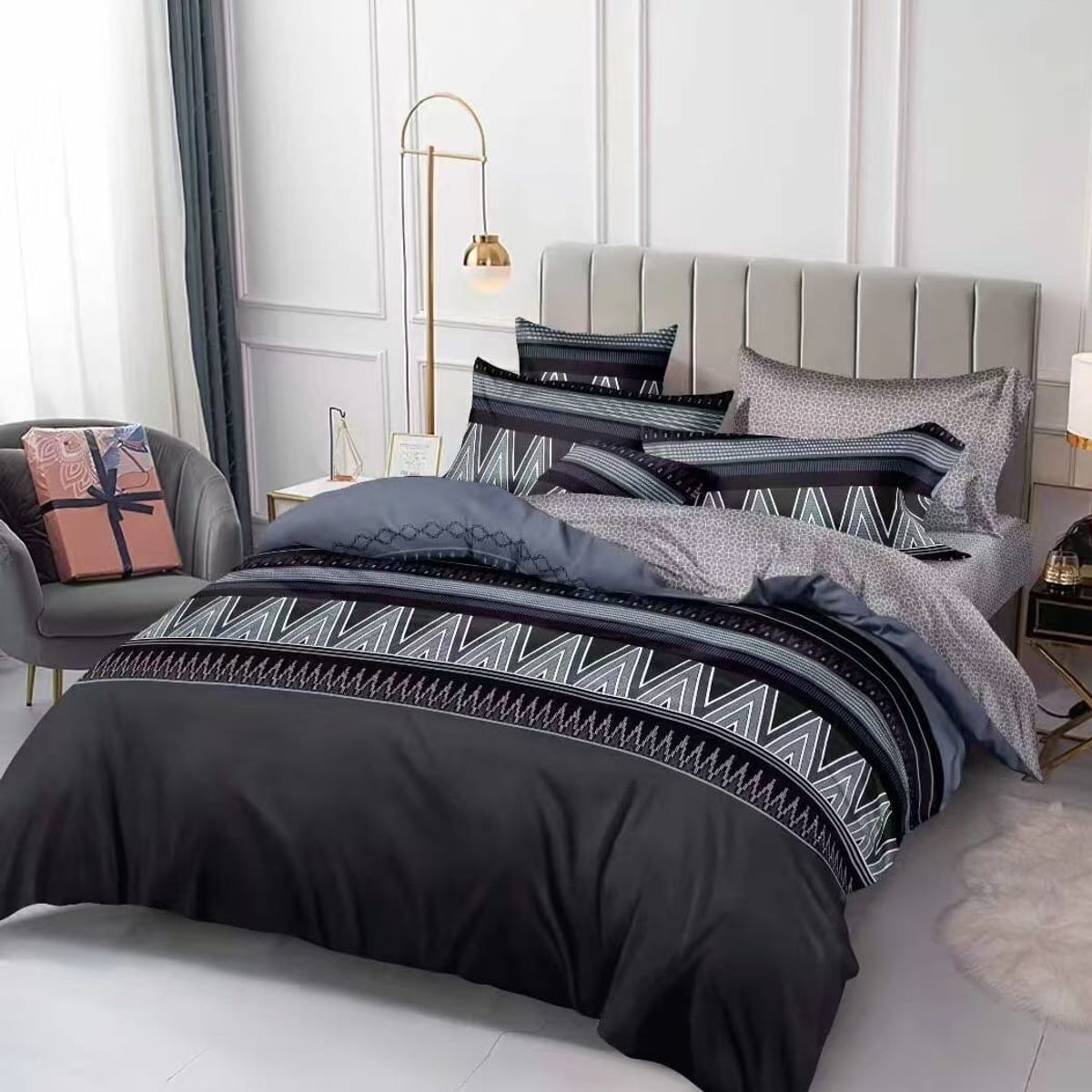 GENERICO - JUEGO DE SABANA DE GENERO 1.5 PLAZA DISEÑO GRIS ZIG ZAG TF