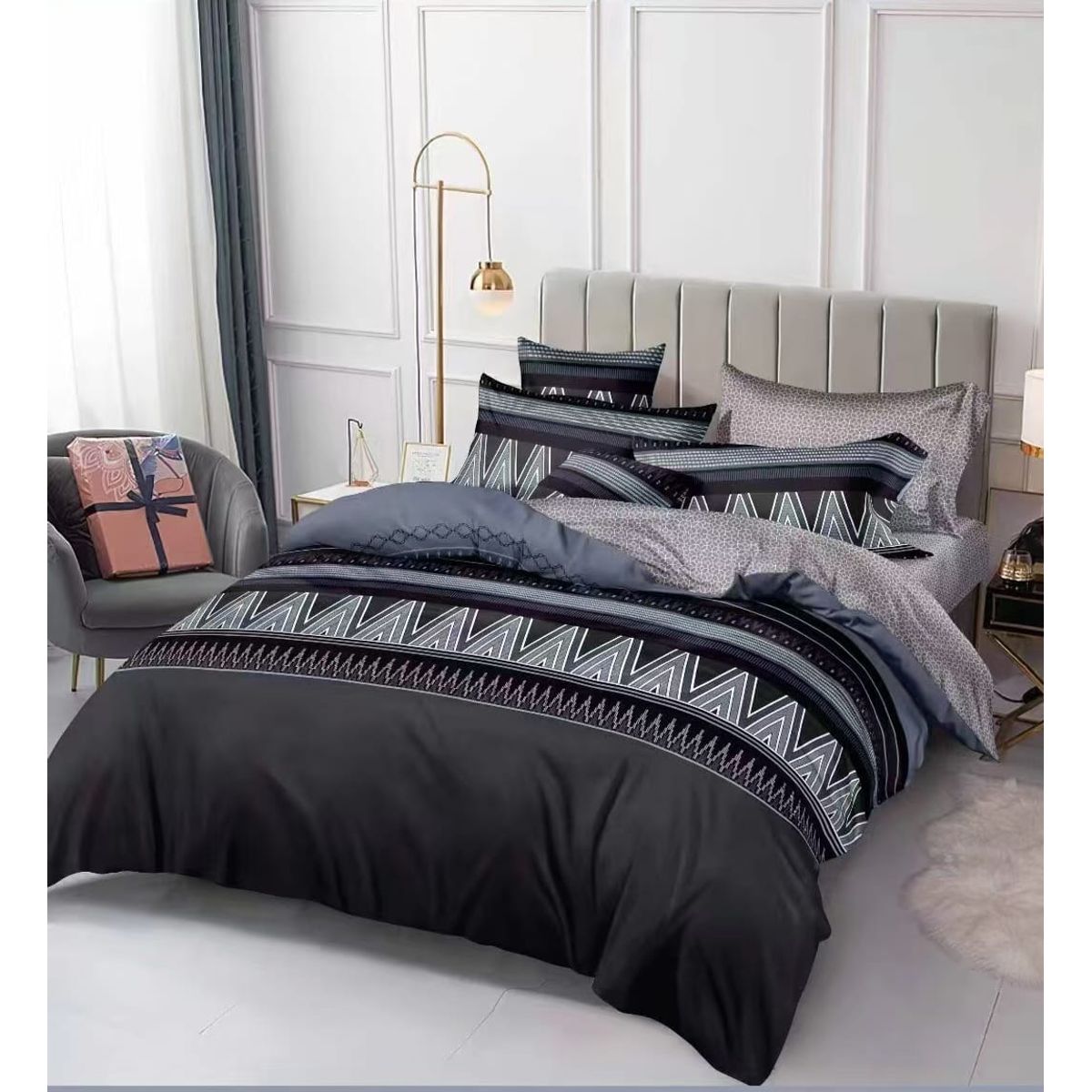 GENERICO - JUEGO DE SABANA DE GENERO 1.5 PLAZA DISEÑO GRIS ZIG ZAG TF