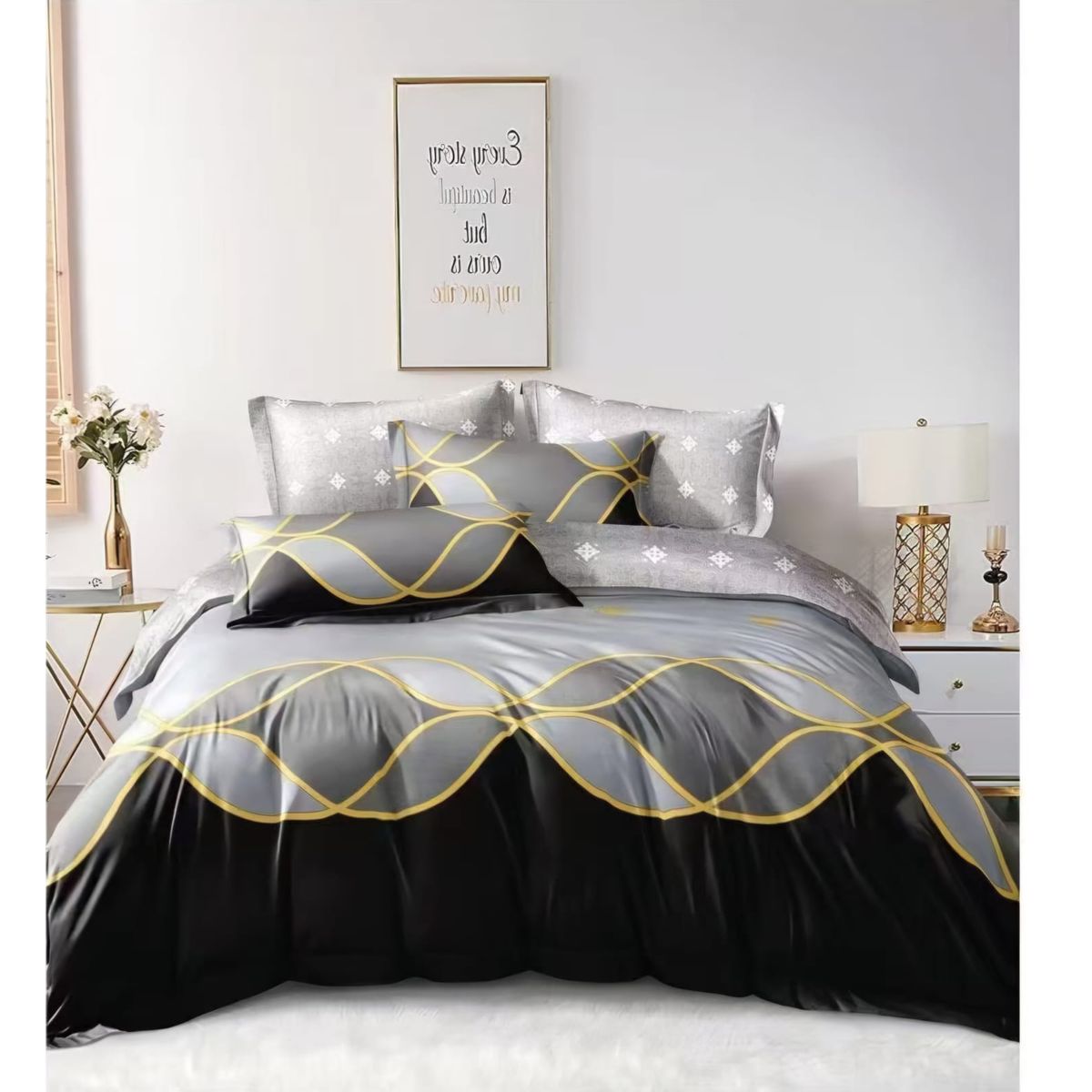 GENERICO - JUEGO DE SABANA DE GENERO 1.5 PLAZAS CON DISEÑO GRIS LINEAS DORADA TF