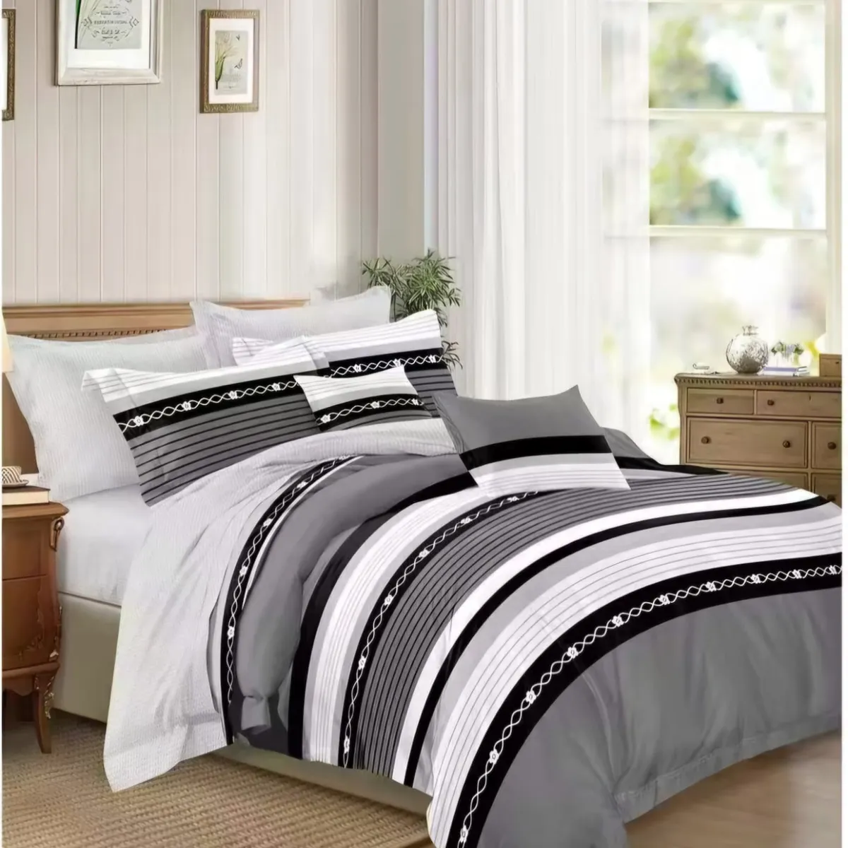 GENERICO - JUEGO DE SABANA DE GENERO 1.5 PLAZA DISEÑO GRIS LINEAS TF