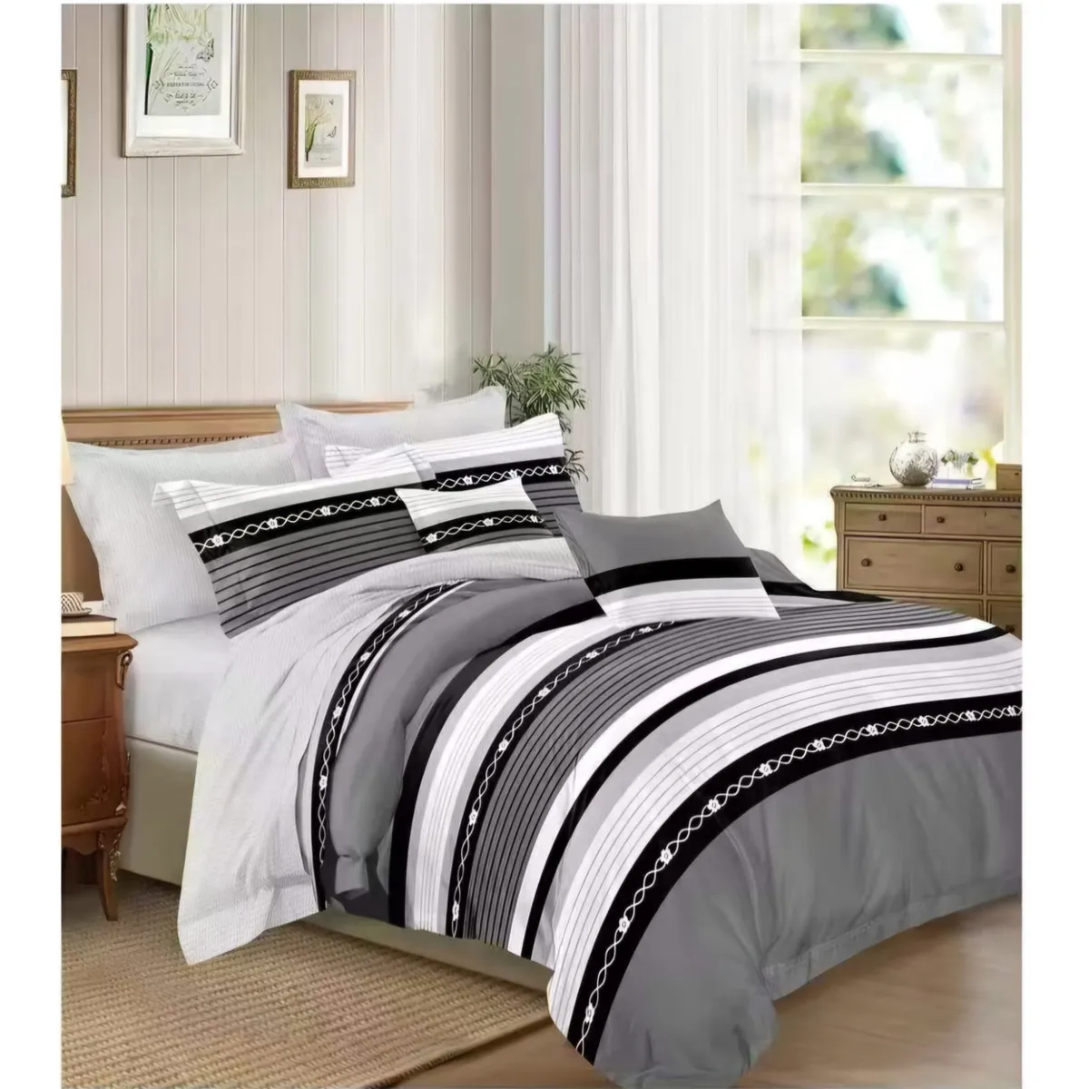 GENERICO - JUEGO DE SABANA DE GENERO 1.5 PLAZA DISEÑO GRIS LINEAS TF