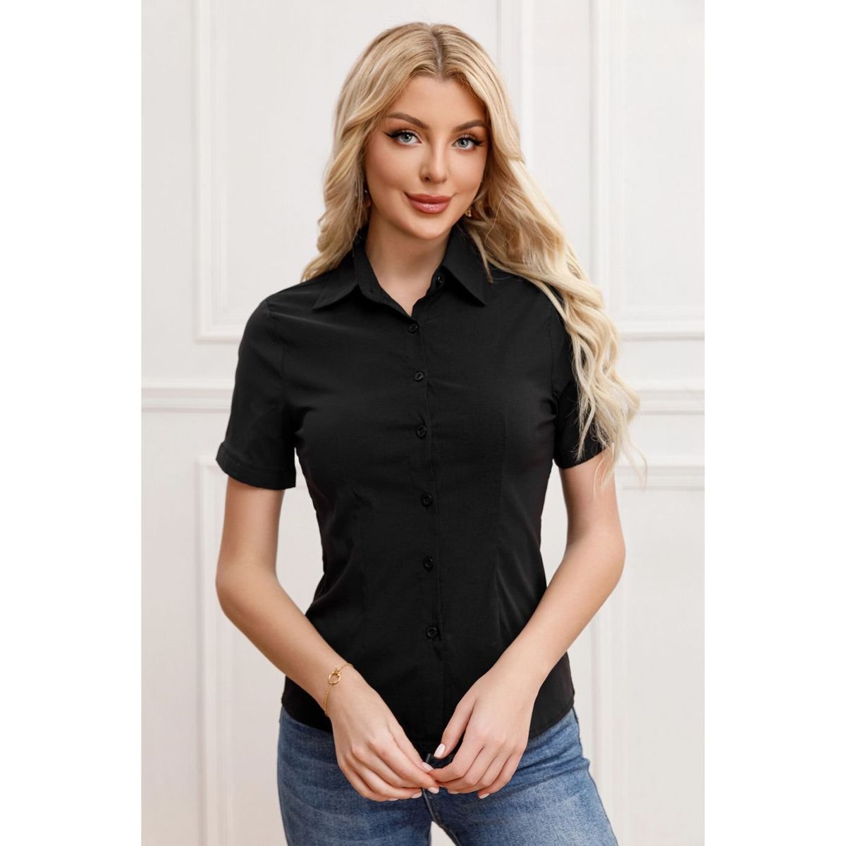 LIKE SHOP - Blusa Mujer Manga Corta Elasticada Lisa Botones Formal 0057
