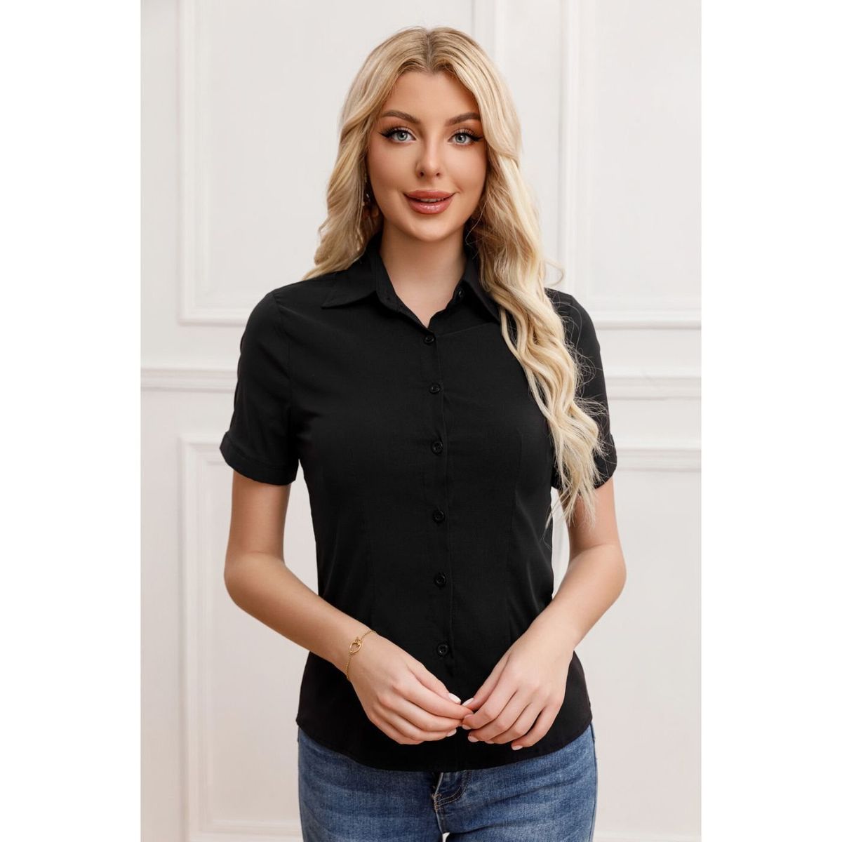 LIKE SHOP - Blusa Mujer Manga Corta Elasticada Lisa Botones Formal 0057