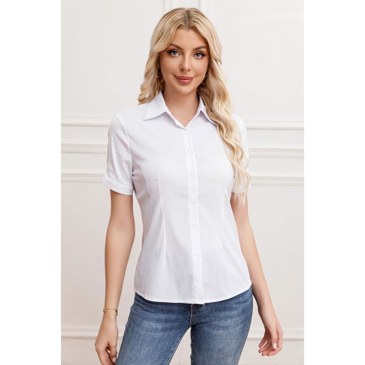 LIKE SHOP - Blusa Mujer Manga Corta Elasticada Lisa Botones Formal 0057