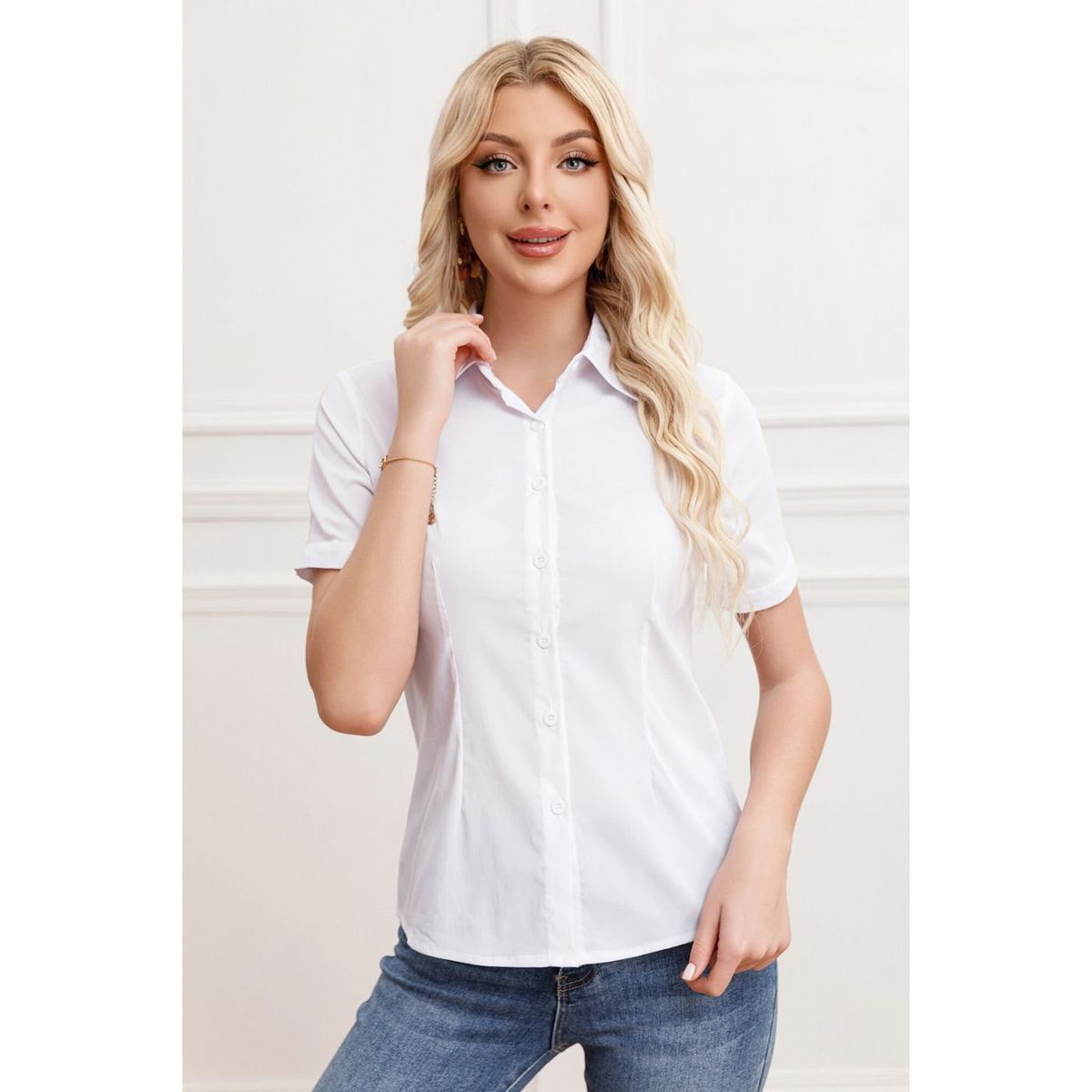 LIKE SHOP - Blusa Mujer Manga Corta Elasticada Lisa Botones Formal 0057
