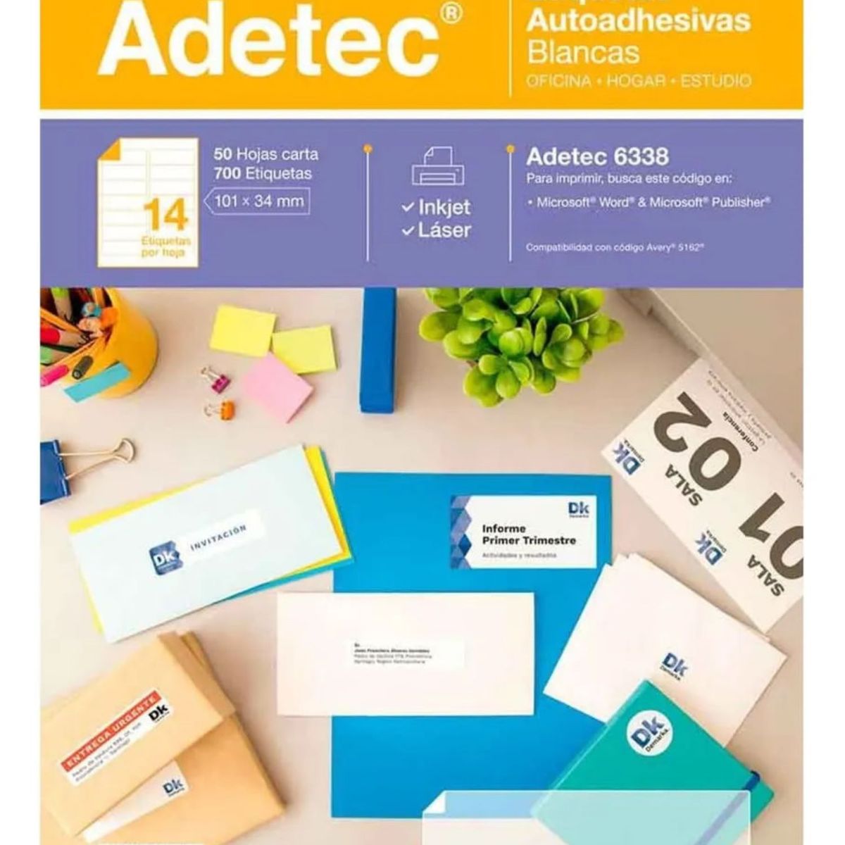 ADETEC - 700 Etiquetas Adhesivas Inkjet/laser 101x34 mm 50 Hojas