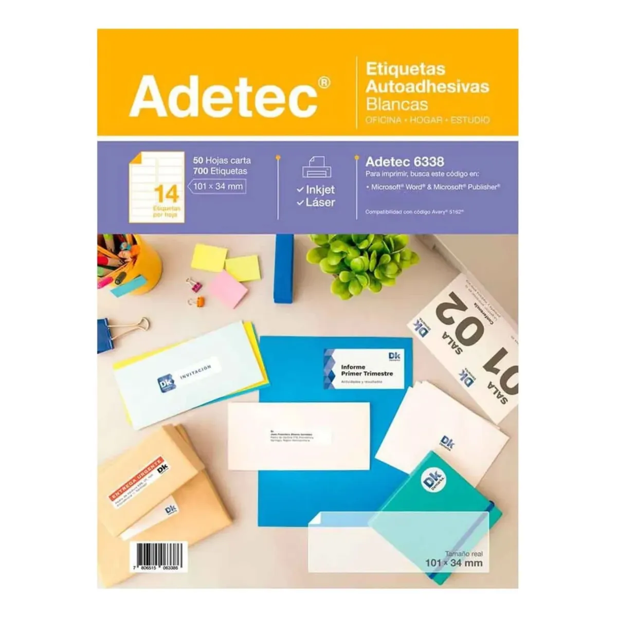 ADETEC - 700 Etiquetas Adhesivas Inkjet/laser 101x34 mm 50 Hojas