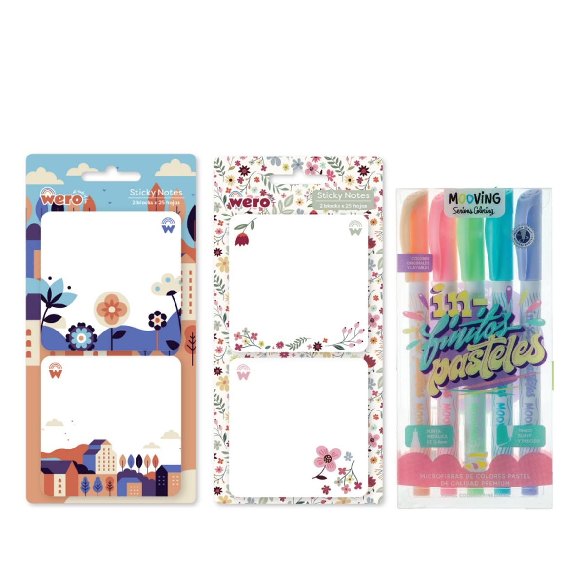 MOOVING - Pack 2 Notas adhesivas + lápices infinitos pasteles