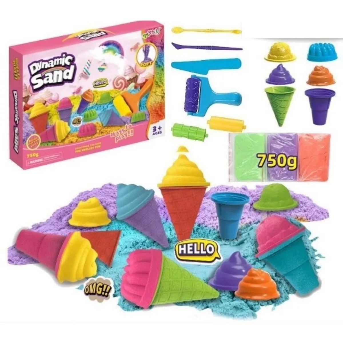 FUN AT HOME LO DIVERTIDO DE ESTAR EN CASA - Arena Mágica Set Helados Y Herramientas 750 Gramos 3 Colores