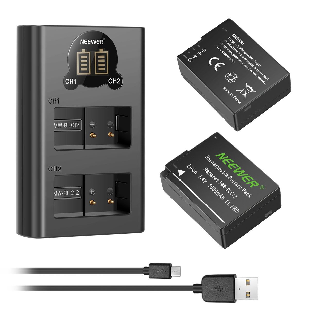 NEEWER - Dmw-blc12 2x Batería Y Cargador P Lumix G85 Gx8 G7 GH2 FZ200 FZ1000