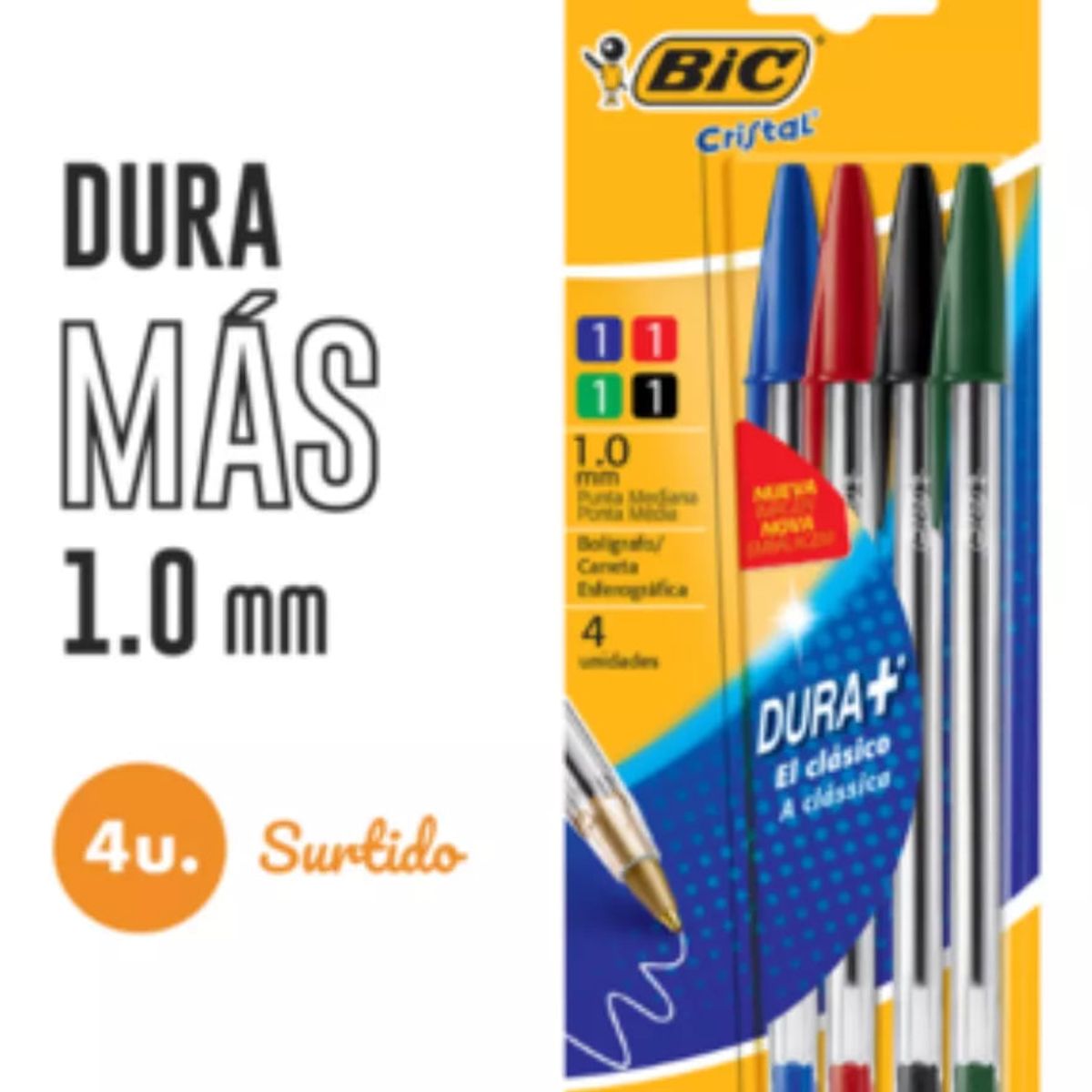 GENERICO - Bolígrafo BIC Cristal 1.0 mm Dura + 4 Colores Surtidos