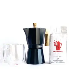 OROLEY - Pack Cafetera Italiana 6 tz + Cafe Molido Hausbrandt + 2 tazas