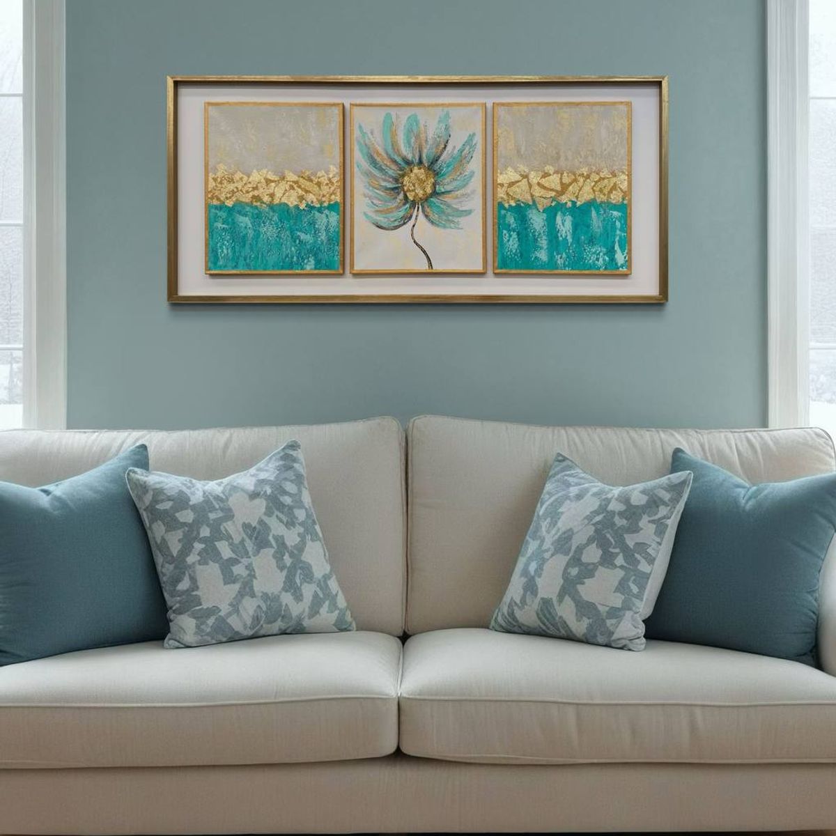 DEKAM DISEÑO - CUADRO TRIPTICO ABSTRACTO ENMARCADO  FLOR CALIPSO DORADO 146X66 CMS