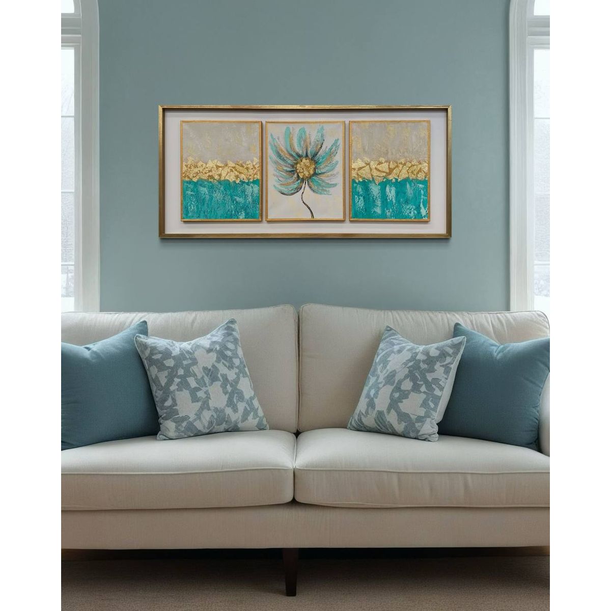 DEKAM DISEÑO - CUADRO TRIPTICO ABSTRACTO ENMARCADO  FLOR CALIPSO DORADO 146X66 CMS