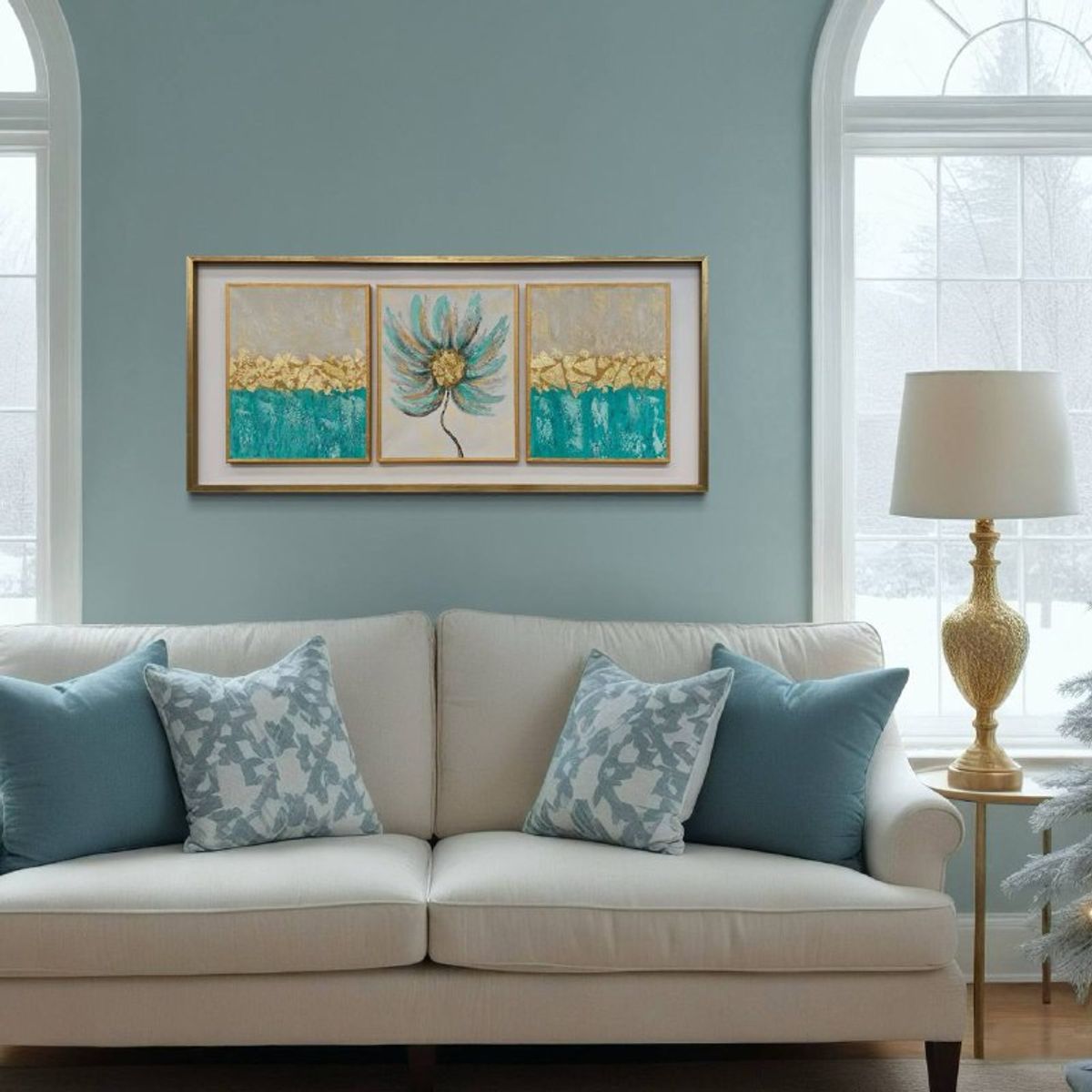 DEKAM DISEÑO - CUADRO TRIPTICO ABSTRACTO ENMARCADO  FLOR CALIPSO DORADO 146X66 CMS