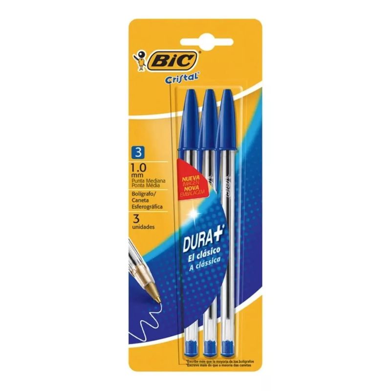 GENERICO - Bolígrafo BIC Cristal 1.0 mm Azul Dura + Clásico 3 Unidades