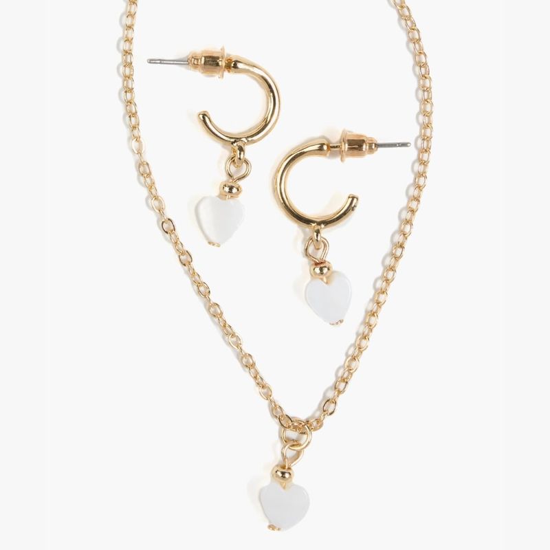 LOUNGE - Set Collar Y Aros Mujer Corazón Nácar Dorado